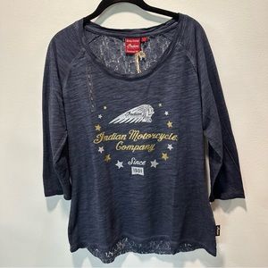 Indian Motorcycle Biker Logo Lace Back 3/4 Sleeve Top Womens Size Large